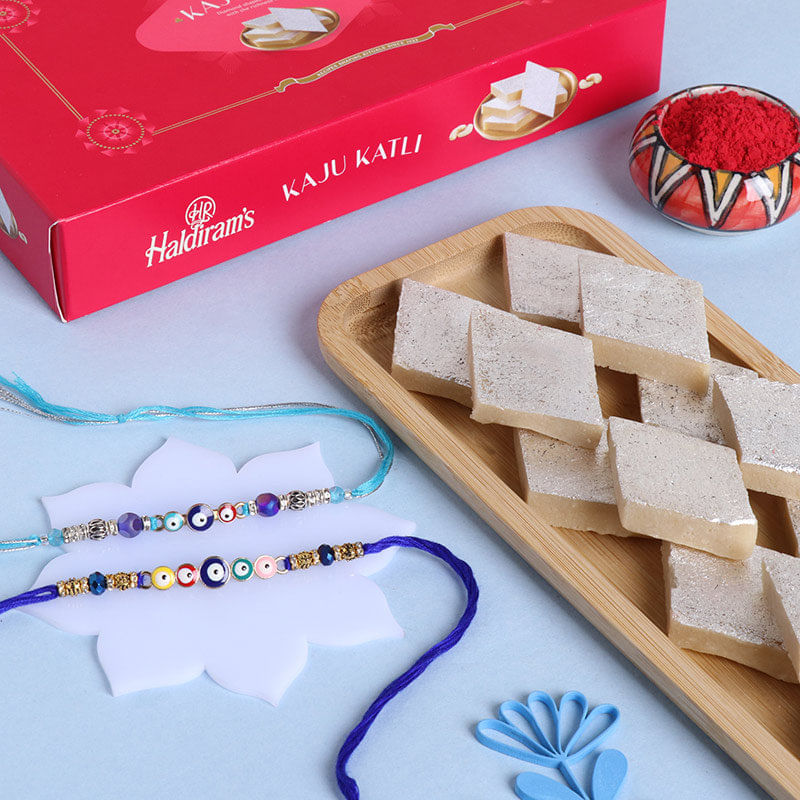 Evil Eye Rakhi Duo N Kaju Katli, Send Rakhi to UK Online