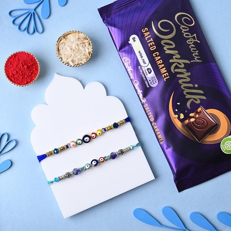 Evil Eye Rakhi Duo with Dark Milk Caramel Bar