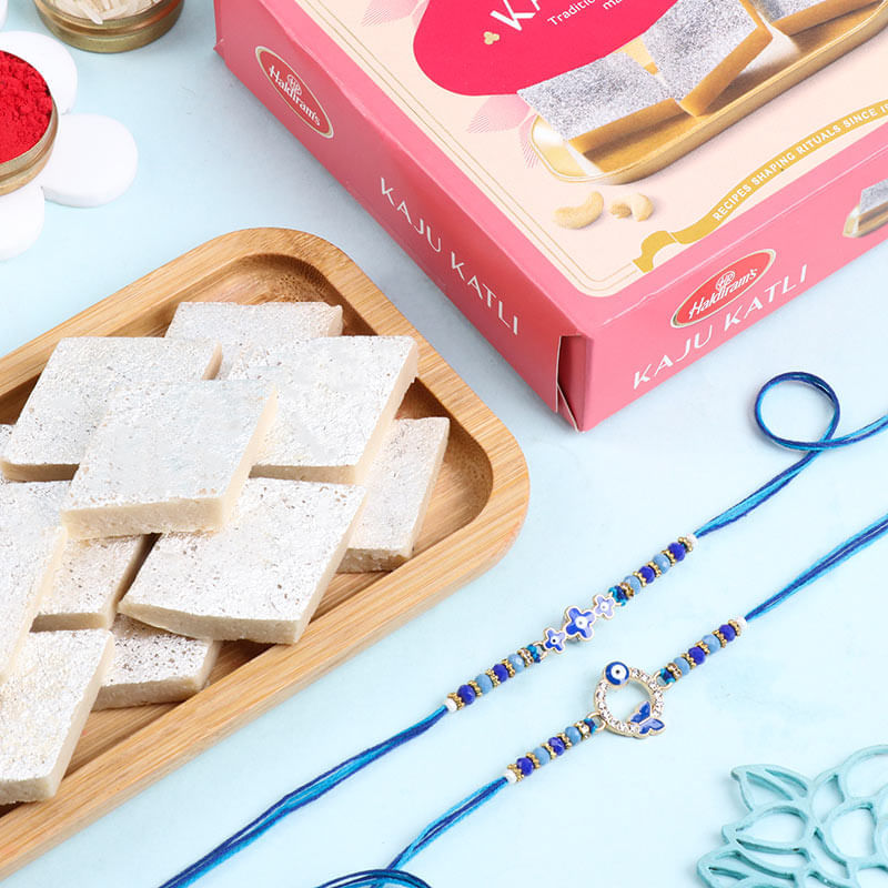 Evil Eye Rakhi Duo With Kaju Katli