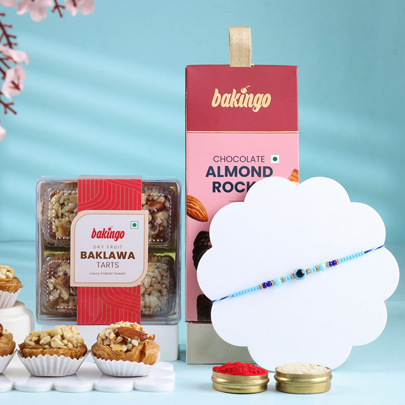 Evil Eye Rakhi With Baklawa Tarts N Almond Rocks