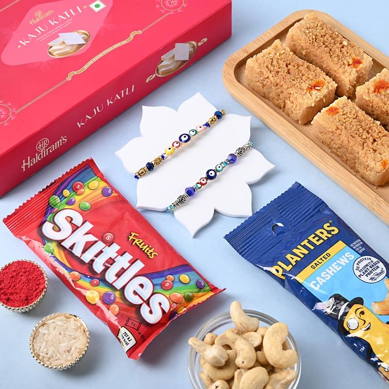 Evil Eye Rakhis With Cashews N Haldirams Milk Cake