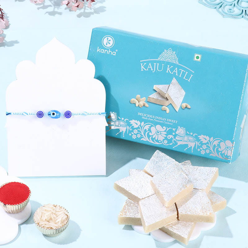 Evil Eye Stone Rakhi With Kaju Katli