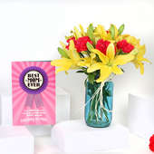 Arrangement of 4 Yellow Lilies & 6 Red Carnations -Exotic Lily Carnation Duo For Mom