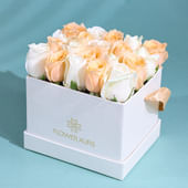 Arrangement of 20 Peach and White Roses in White Floweraura Box