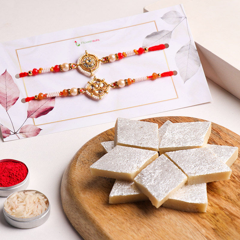 Exquisite Pearl N Kundan Rakhis With Kaju Katli 