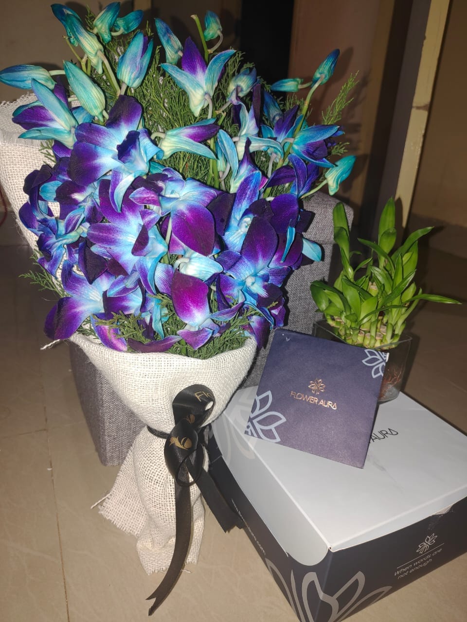 Blue Orchids Bouquet N Choco Cake