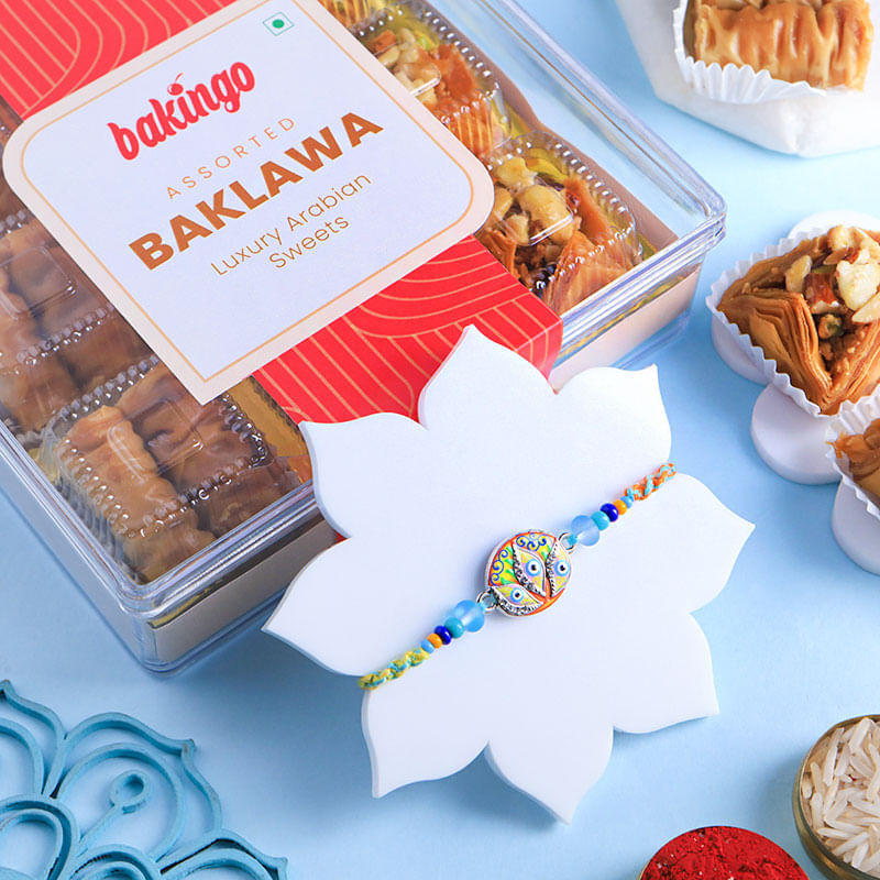 Fancy Evil Eye Rakhi With Baklawa