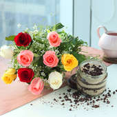 Chocolate Chip Jar Cake with Mixed Roses Bunch