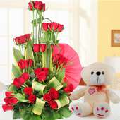 40 red rose arrangement 12 inch teddy flower combo
