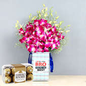Ferrero Rocher N Orchid Combo - Bunch of 6 Purple Orchids with Brother Flower Box and Pack of 16 Ferrero Rochers