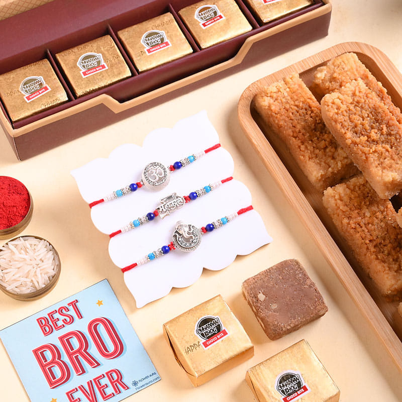 Festive Beaded Rakhi Trio With Sweets