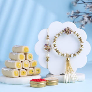 Festive Floral Bhai Bhabhi Rakhi N Kaju Pista Roll