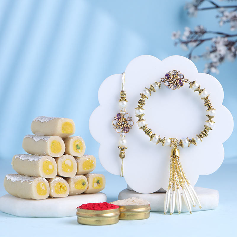 Festive Floral Bhai Bhabhi Rakhi N Kaju Pista Roll-Canada