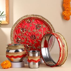 Festive Red Karwa Chauth Pooja Thali