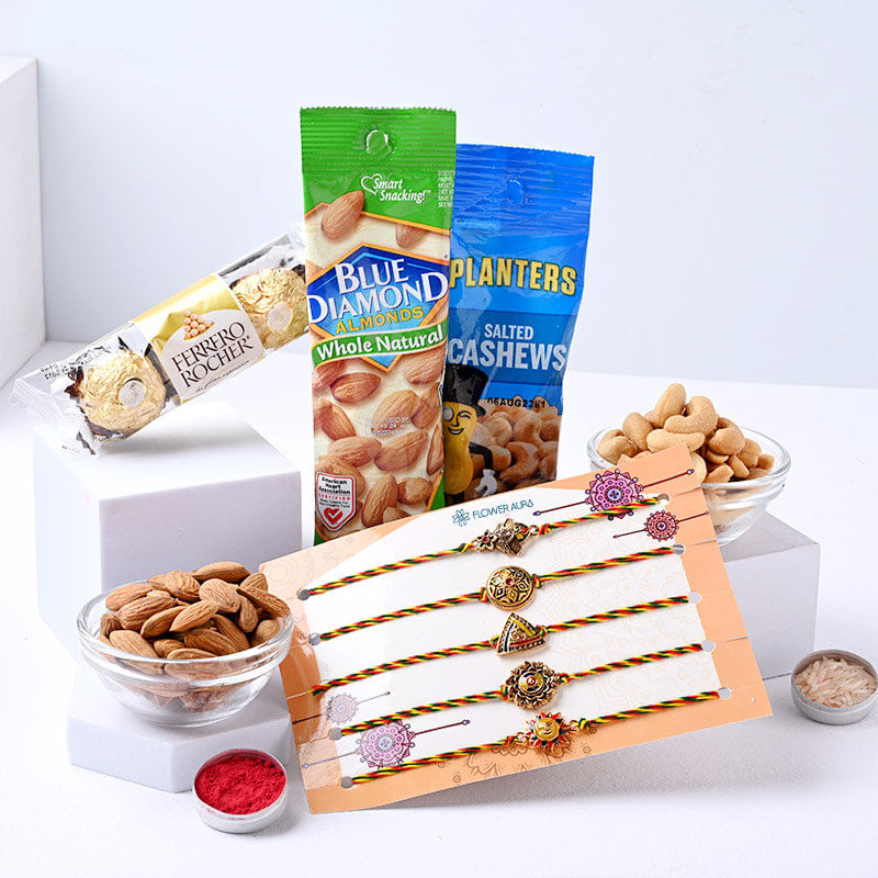 Five Antique Rakhis N Salted Cashews Almonds N Chocolates-USA