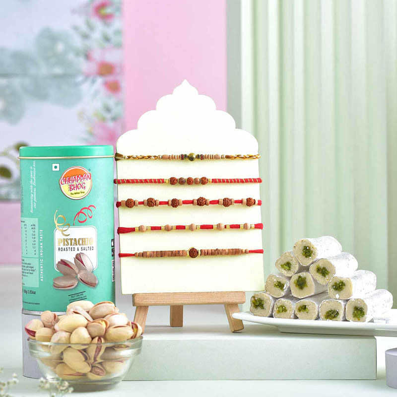 Five Beaded Rakhi Set With Pistachios N Pista Roll