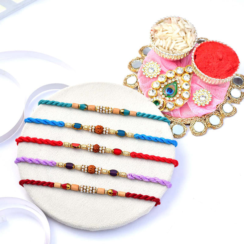 Five Beaded Rakhis With Sweet Delights