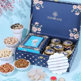 Five Beaded Rakhis With Sweets N Snacks Hamper