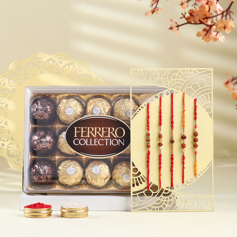 Five Beaded Rudrakha Rakhi Set With Ferrero Joy