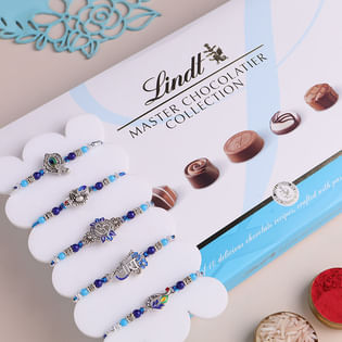 Five Blue Beaded Rakhis With Chocolate Box