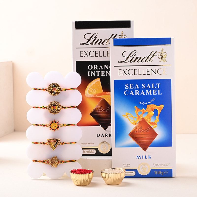Set of Five Colourful Designer Rakhi With Lindt Chocolates