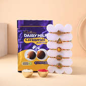 Five Designer Rakhis N Dairy Milk Caramel Nibbles