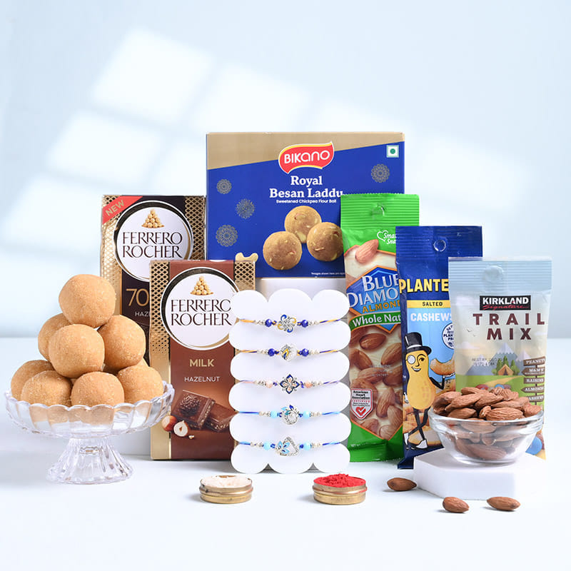 Five Designer Rakhis N Festive Munchies Hamper-Canada