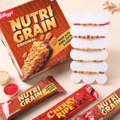 Set of Five Designer Rakhi With Chocolate and 5 Nutri Grain Bars