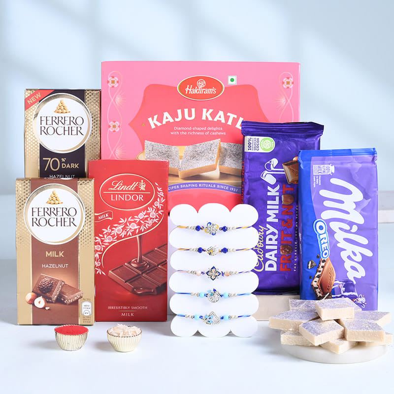 Five Designer Rakhis With Sweets N Chocolates-UK