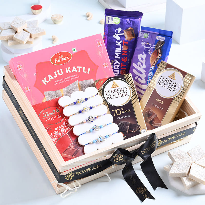 Five Designer Rakhis With Sweets N Chocolates-UK