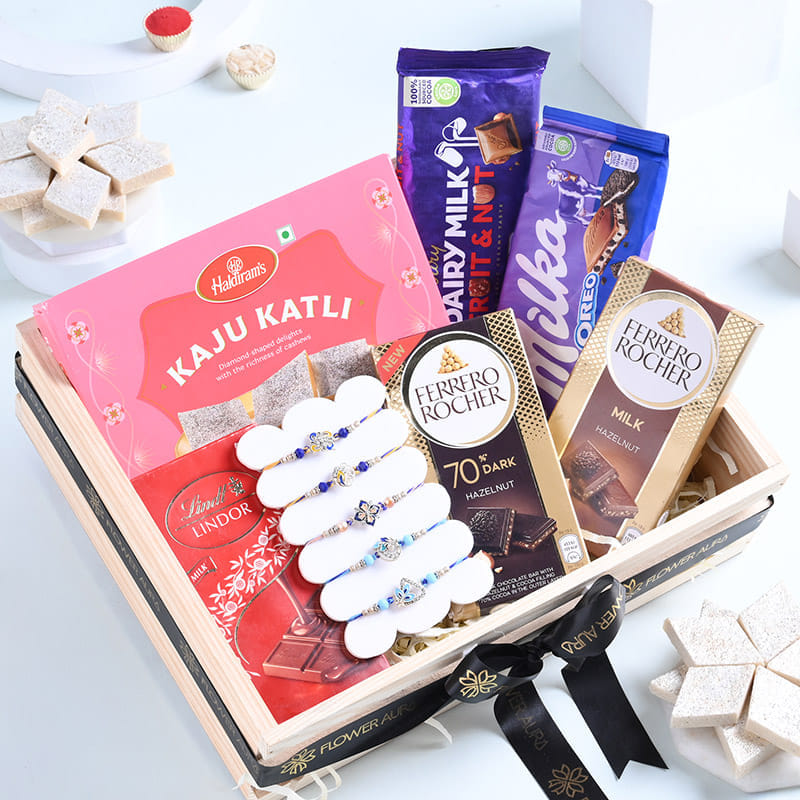 Five Designer Rakhis With Sweets N Chocolates-UK