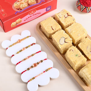 Set of 5 Exquisite Beads Rakhi With Soan Papdi