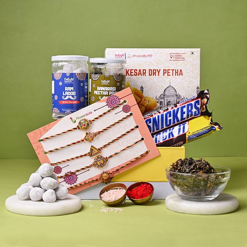 Set of 5 Fancy Rakhis Online Delivery - Five Fancy Rakhis With Chocolate Bars Dry Pethan Ladoo