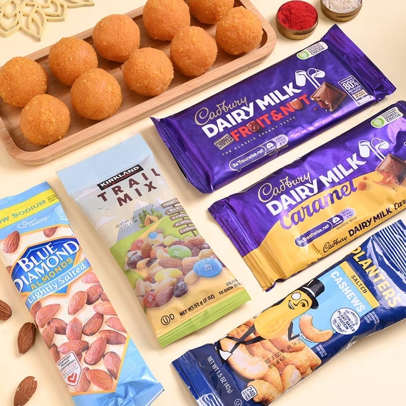 Five Floral Rakhis With Sweet N Nutty Treats