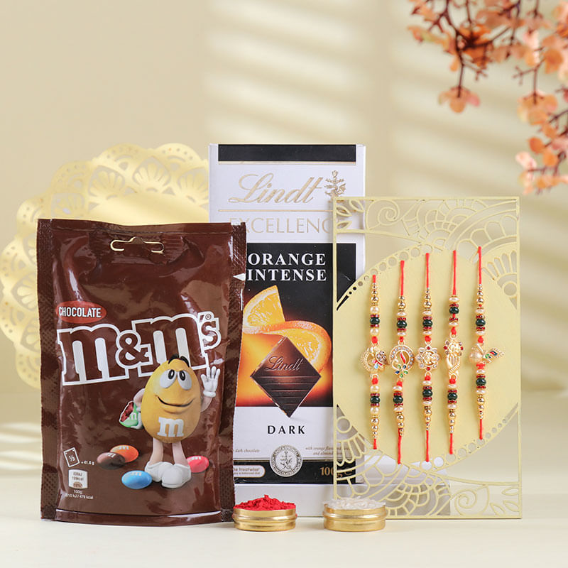 Five Ganeshji Designer Rakhi Set With Luxe Chocos