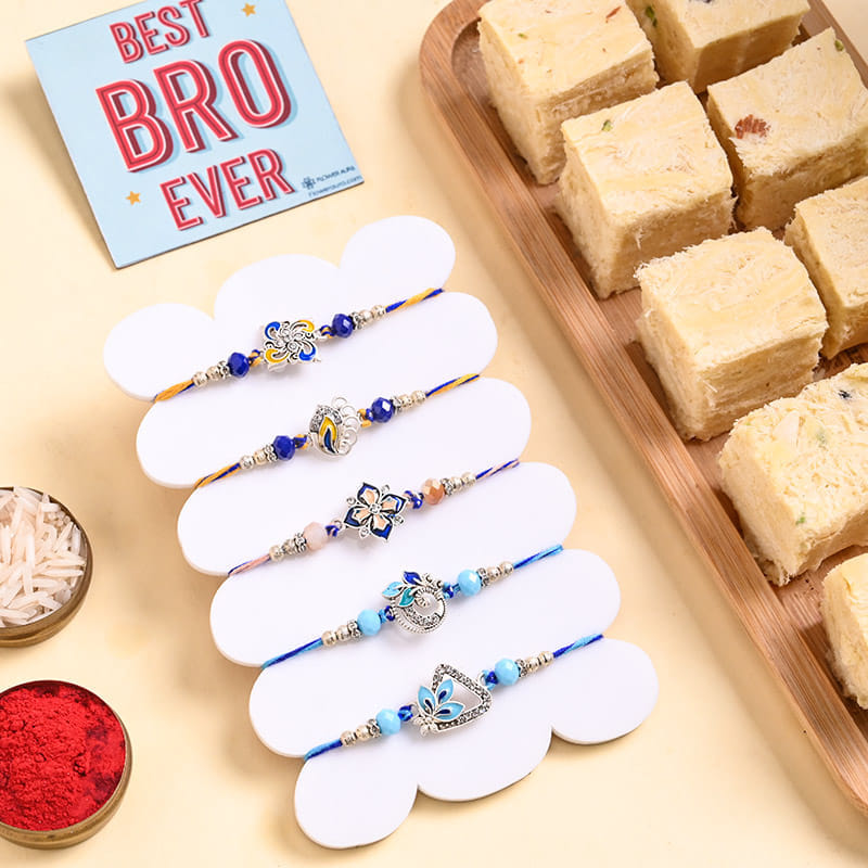 Five Rajsi Designer Rakhi With Soan Papdi