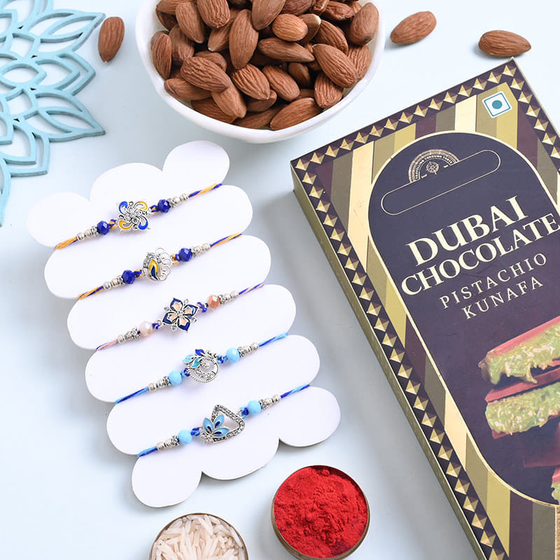 Five Rakhis With Crunchy Almonds N Chocolate