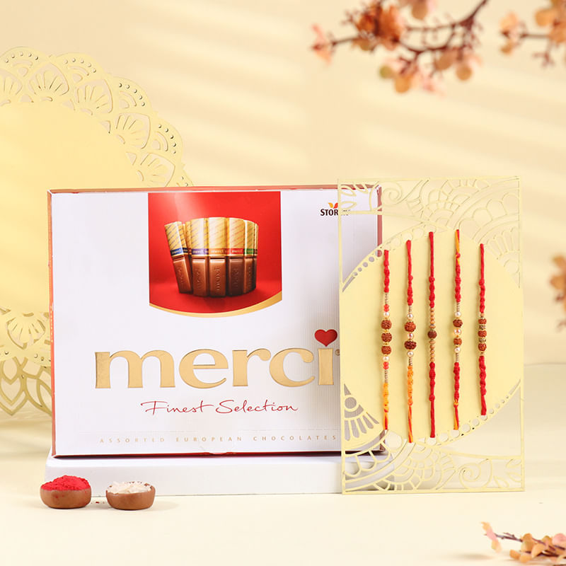 Five Rudraksha Mauli Rakhis With Chocolates-Netherlands