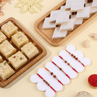 Five Rudraksha Rakhis With Kaju Katli N Soan Papdi