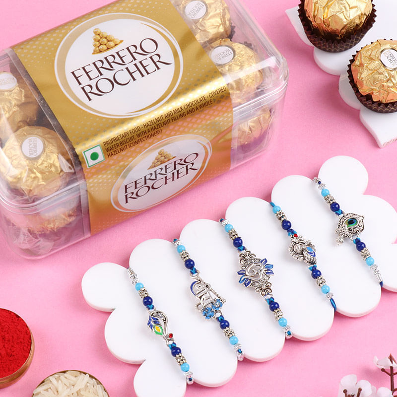 Five Silver Charm Rakhis With Ferrero Rocher-UAE