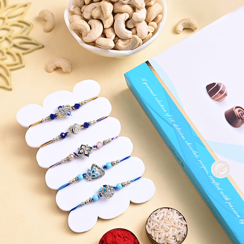 Five Studded Designer Rakhis With Chocolate Box