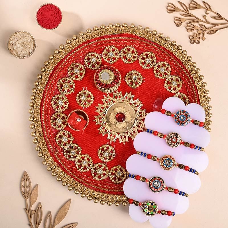 Five Vibrant Flower Rakhis With Tika Thali