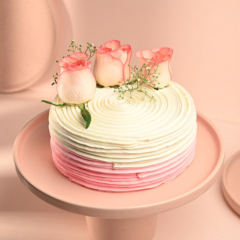 Red and white cake with 3 roses on top