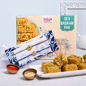 Flavourful Sev Badaam Pak with Colourful Studded Rakhi Duo: Rakhi set of 2 with sweets