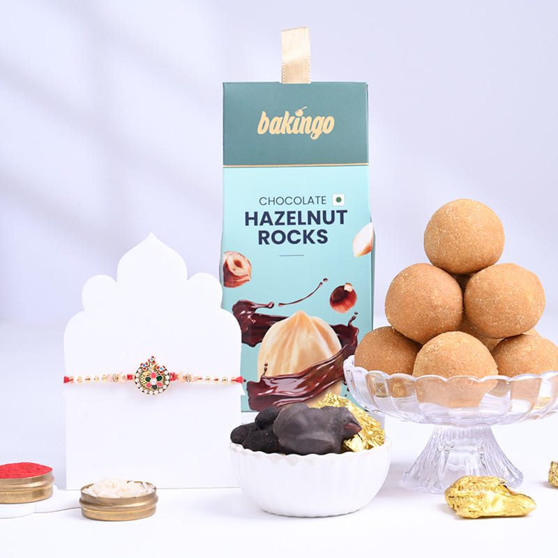 Floral Beaded Rakhi With Besan Ladoos N Chocolates