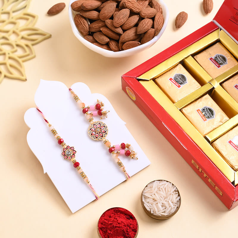 Floral Bhai Bhabhi Rakhi With Mewa Bite N Almonds