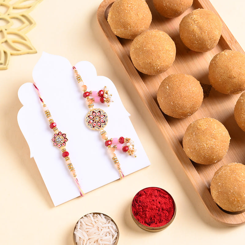 Floral Bhaiya Bhabhi Rakhi With Besan Ladoo