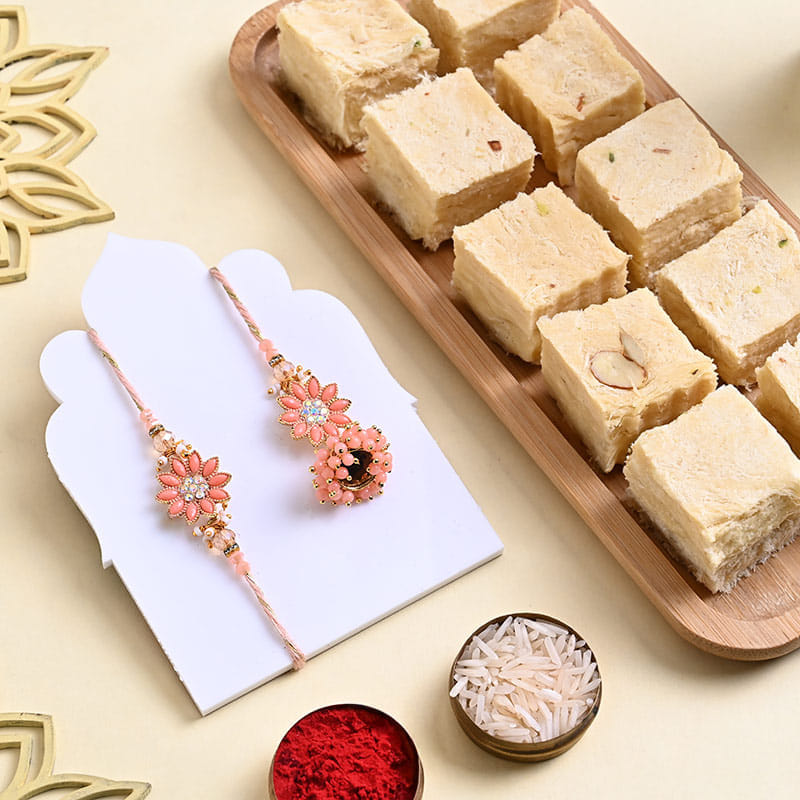 Floral Bhaiya Bhabhi Rakhi With Soan Papdi