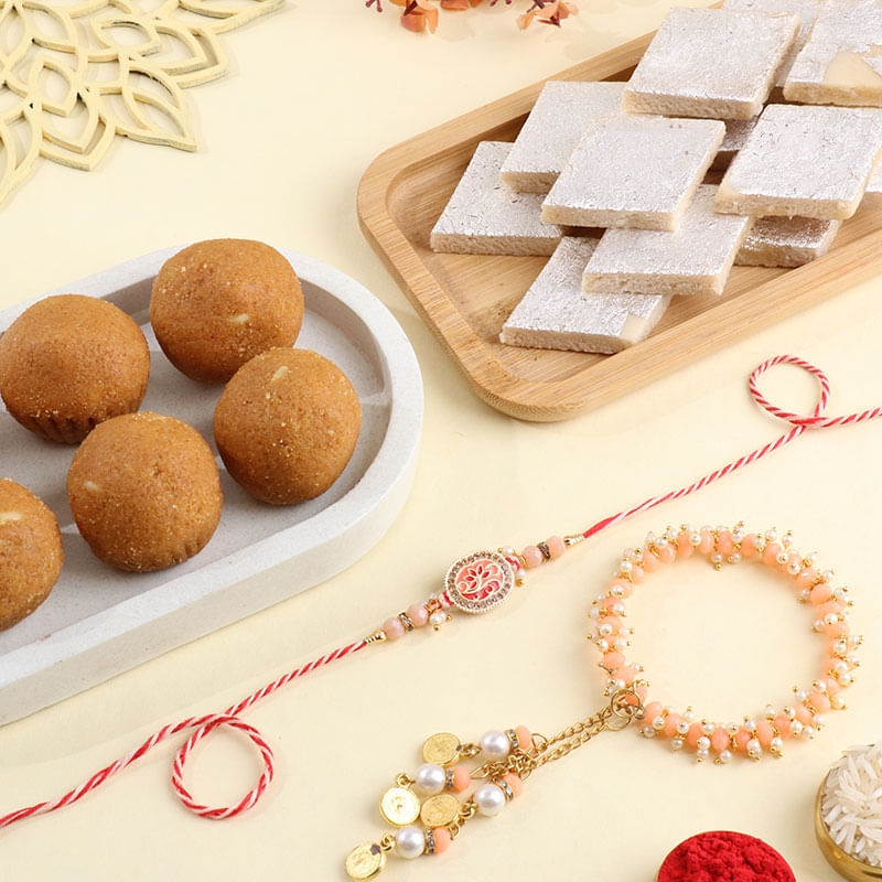 Floral Bhaiya Bhabhi Rakhi With Sweets-Netherlands