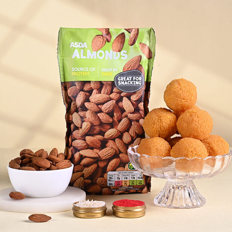 Floral Designer Rakhi With Ladoo N Almonds